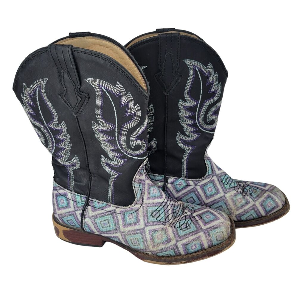 Roper Western Boots Girls Size 2 Black Purple Square Toe Bling Cowgirl Pull On - Picture 2 of 9